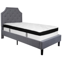 Flash Furniture SL-BMF-9-GG Brighton Twin Size Tufted Upholstered Platform Bed in Light Gray Fabric with Memory Foam Mattress